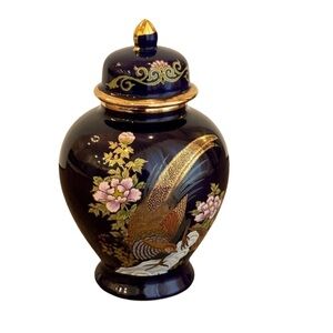 Japanese Kutani Ginger Jar Cobalt Blue Peacock & Cherry Blossom